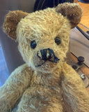 This traditional mohair jointed teddy bear kit is for Slim Tim Tittlemouse, an 11 inch, tatty, antique looking style bear. Inspired by the V&A’s Little Tommy Tittlemouse. I designed Slim Tim Tittlemouse to look well- loved, then sadly left on the shelf for decades. Slim Tim Tittlemouse uses ‘aged’ vintage looking sparse mohair, I attacked it with hair clippers, he has genuine Victorian boot button eyes. You will easily make him look old and well loved simply using teabags and a soft pencil