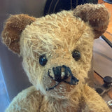 This traditional mohair jointed teddy bear kit is for Slim Tim Tittlemouse, an 11 inch, tatty, antique looking style bear. Inspired by the V&A’s Little Tommy Tittlemouse. I designed Slim Tim Tittlemouse to look well- loved, then sadly left on the shelf for decades. Slim Tim Tittlemouse uses ‘aged’ vintage looking sparse mohair, I attacked it with hair clippers, he has genuine Victorian boot button eyes. You will easily make him look old and well loved simply using teabags and a  soft  pencil