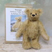 Brannigan standing by the Brannigan Teddy Bear Kit Box.
Brannigan Mohair Teddy Bear Kit. A jointed teddy bear kit by Make A Teddy to make an 8.5 inch/22 cm teddy bear.
We have created this kit with everything you need with lovely beige German mohair, apart from scissors and a few things you will have at home. The instructions are thorough and illustrated