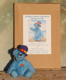 Chuffington teddy bear sitting in front of the kit box. The Chuffington teddy bear kit is nicely packaged in a box and ready for Birthdays or Christmas and we can put in one of our own gift tags and a Birthday or Christmas card from our own drawings for free if you ask us to.