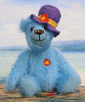 Chuffington Mohair Heirloom Teddy Bear Kit. Chuffington is a happy bear in blue mohair, with hand painted eyes and a nice hat