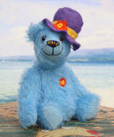 Chuffington Mohair Heirloom Teddy Bear Kit. Chuffington is a happy bear in blue mohair, with hand painted eyes and a nice hat