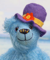 Chuffington Mohair Heirloom Teddy Bear Kit. Chuffington is a happy bear in blue mohair, with hand painted eyes and a nice hat