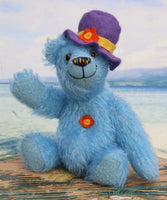 Chuffington Mohair Heirloom Teddy Bear Kit. Chuffington is a happy bear in blue mohair, with hand painted eyes and a nice hat