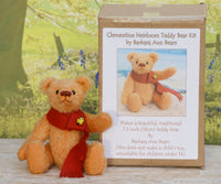 Clementine sitting beside the Clementine mohair teddy bear kit box