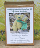 the front of the Goosegogs teddy bear kit box showing the label with his photo and a description of him and the kit