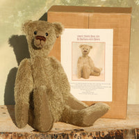 Hank Mohair Heirloom Teddy Bear Kit. A jointed teddy bear kit by Make A Teddy to make a rather comical 15 inch (38 cm) teddy bear. The photo shows Hank sitting by his box