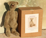 Hank Mohair Heirloom Teddy Bear Kit. A jointed teddy bear kit by Make A Teddy to make a rather comical 15 inch (38 cm) teddy bear. The photo shows Hank standing by his box