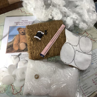 Some of the contents of the Harrison teddy bear kit box.
Harrison Traditional Mohair Heirloom Teddy Bear Kit. A jointed teddy bear kit by Make A Teddy to make a 14 inch (35 cm) teddy bear. We have created this kit with everything you need with clear instructions with diagrams, you just need scissors and a few things you will have at home.