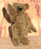 Mainwaring standing up and waving, a bear made from the Mainwaring Mohair Teddy Bear Kit. A jointed teddy bear kit in brown mohair by Make A Teddy to make an 8 inch/20 cm teddy bear.