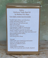 The back of Ogilvy's kit box showing the list of contents and what you need. Ogilvy Mohair Teddy Bear Kit. A jointed teddy bear kit by Make A Teddy to make a 9 inch/23 cm teddy bear.