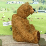 Treacle teddy bear in profile sitting on a wooden surface with a scenic background